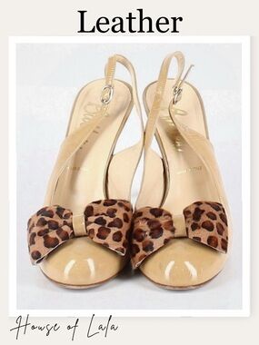 Leather 4” Heel. Cream with Leopard Bow Sling Back Pin Up, Rockstar Chic.